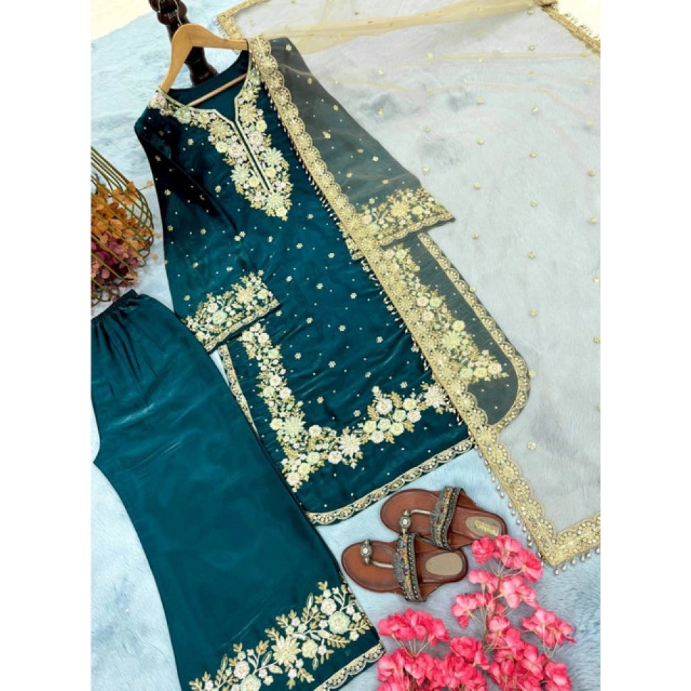 HD Women's Silk Embroidered 3/4th Sleeve Round Kurti With Palazzo Pant and Dupatta Set (Teal)