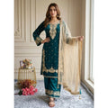 HD Women's Silk Embroidered 3/4th Sleeve Round Kurti With Palazzo Pant and Dupatta Set (Teal)