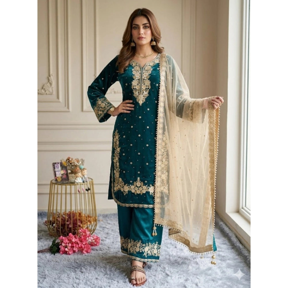 HD Women's Silk Embroidered 3/4th Sleeve Round Kurti With Palazzo Pant and Dupatta Set (Teal)