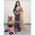 HD Women's Silk Embroidered 3/4th Sleeve Round Kurti With Palazzo Pant and Dupatta Set (Purple)