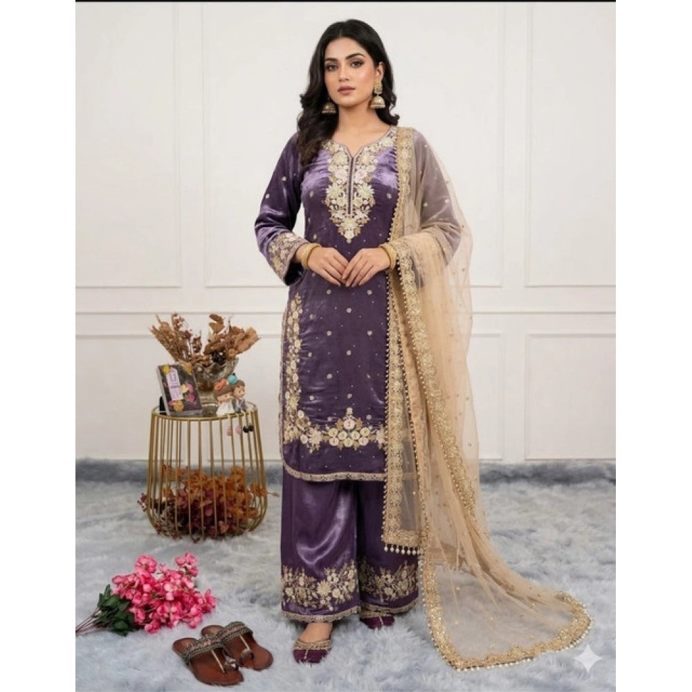 HD Women's Silk Embroidered 3/4th Sleeve Round Kurti With Palazzo Pant and Dupatta Set (Purple)