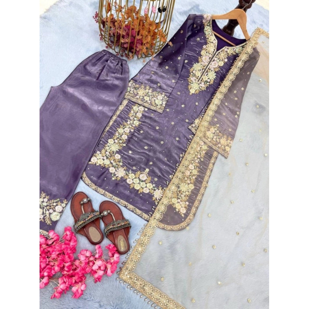HD Women's Silk Embroidered 3/4th Sleeve Round Kurti With Palazzo Pant and Dupatta Set (Purple)