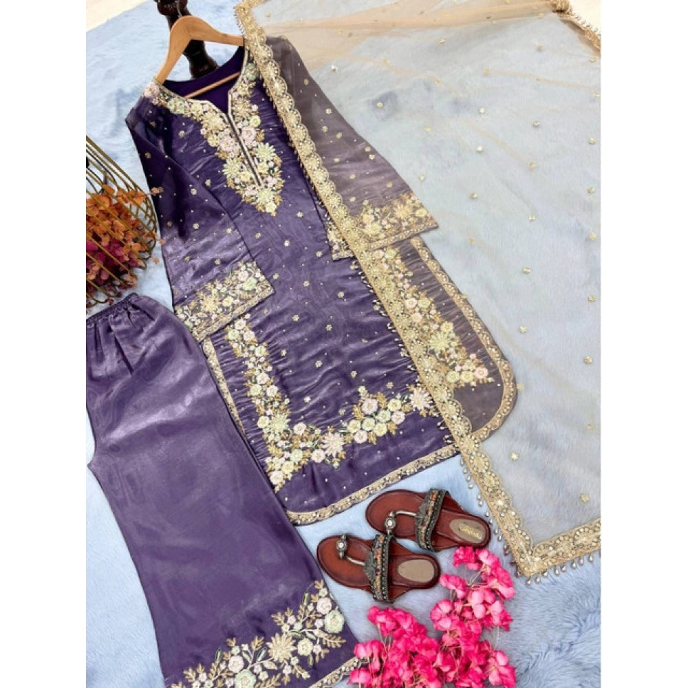 HD Women's Silk Embroidered 3/4th Sleeve Round Kurti With Palazzo Pant and Dupatta Set (Purple)