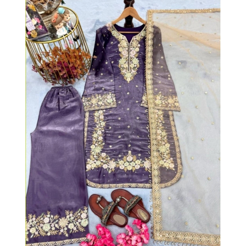 HD Women's Silk Embroidered 3/4th Sleeve Round Kurti With Palazzo Pant and Dupatta Set (Purple)