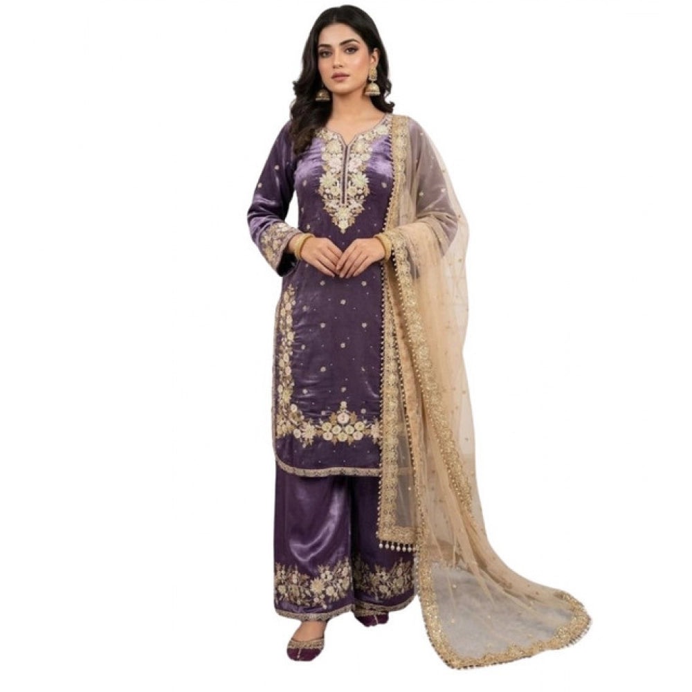 HD Women's Silk Embroidered 3/4th Sleeve Round Kurti With Palazzo Pant and Dupatta Set (Purple)