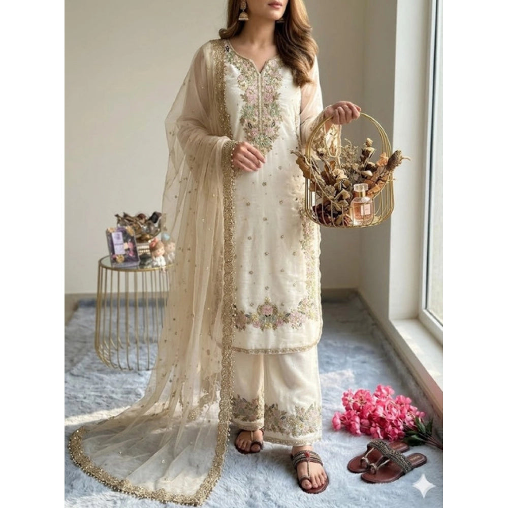 HD Women's Silk Embroidered 3/4th Sleeve Round Kurti With Palazzo Pant and Dupatta Set (White)