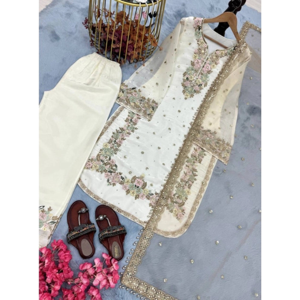 HD Women's Silk Embroidered 3/4th Sleeve Round Kurti With Palazzo Pant and Dupatta Set (White)