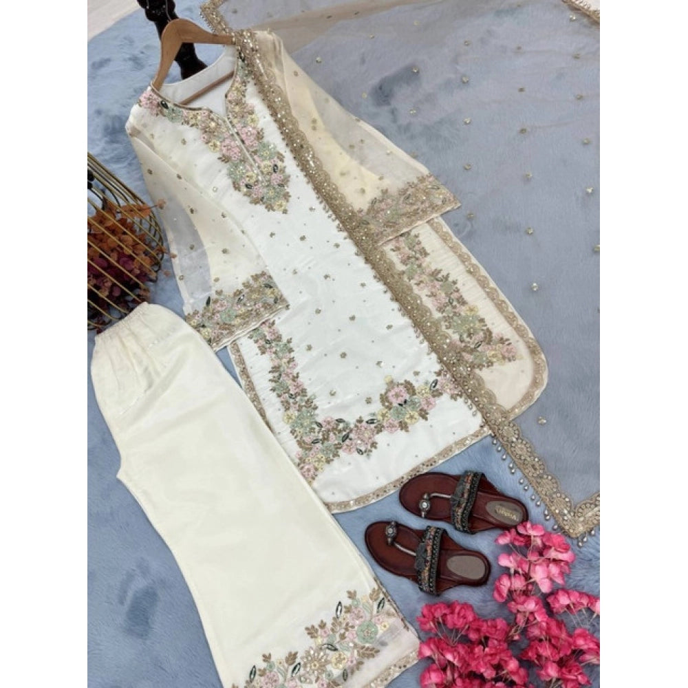 HD Women's Silk Embroidered 3/4th Sleeve Round Kurti With Palazzo Pant and Dupatta Set (White)