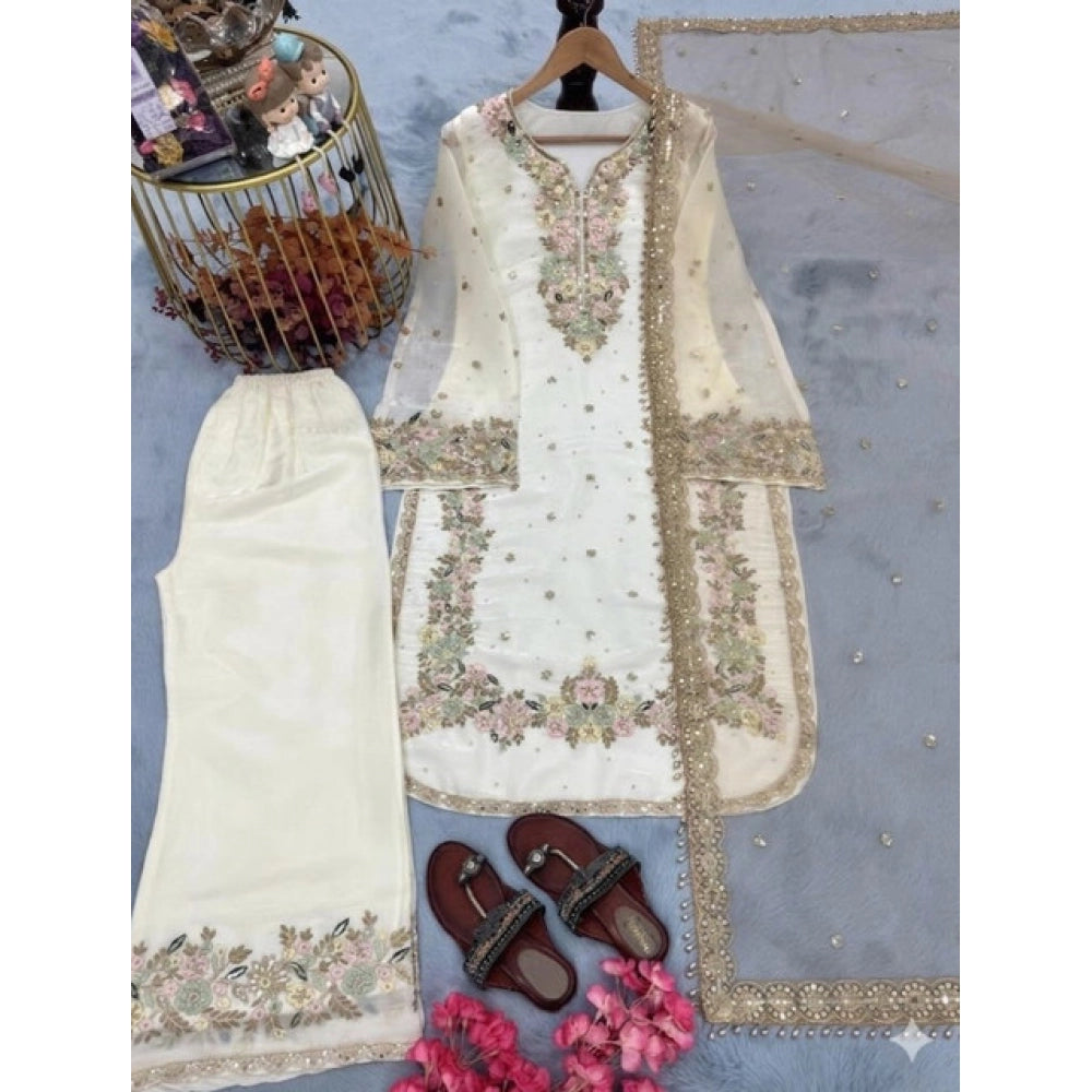 HD Women's Silk Embroidered 3/4th Sleeve Round Kurti With Palazzo Pant and Dupatta Set (White)