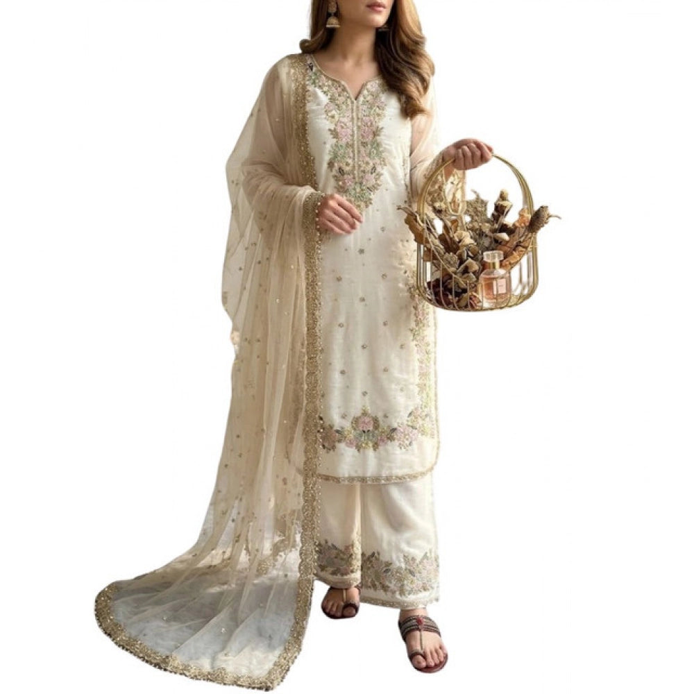 HD Women's Silk Embroidered 3/4th Sleeve Round Kurti With Palazzo Pant and Dupatta Set (White)