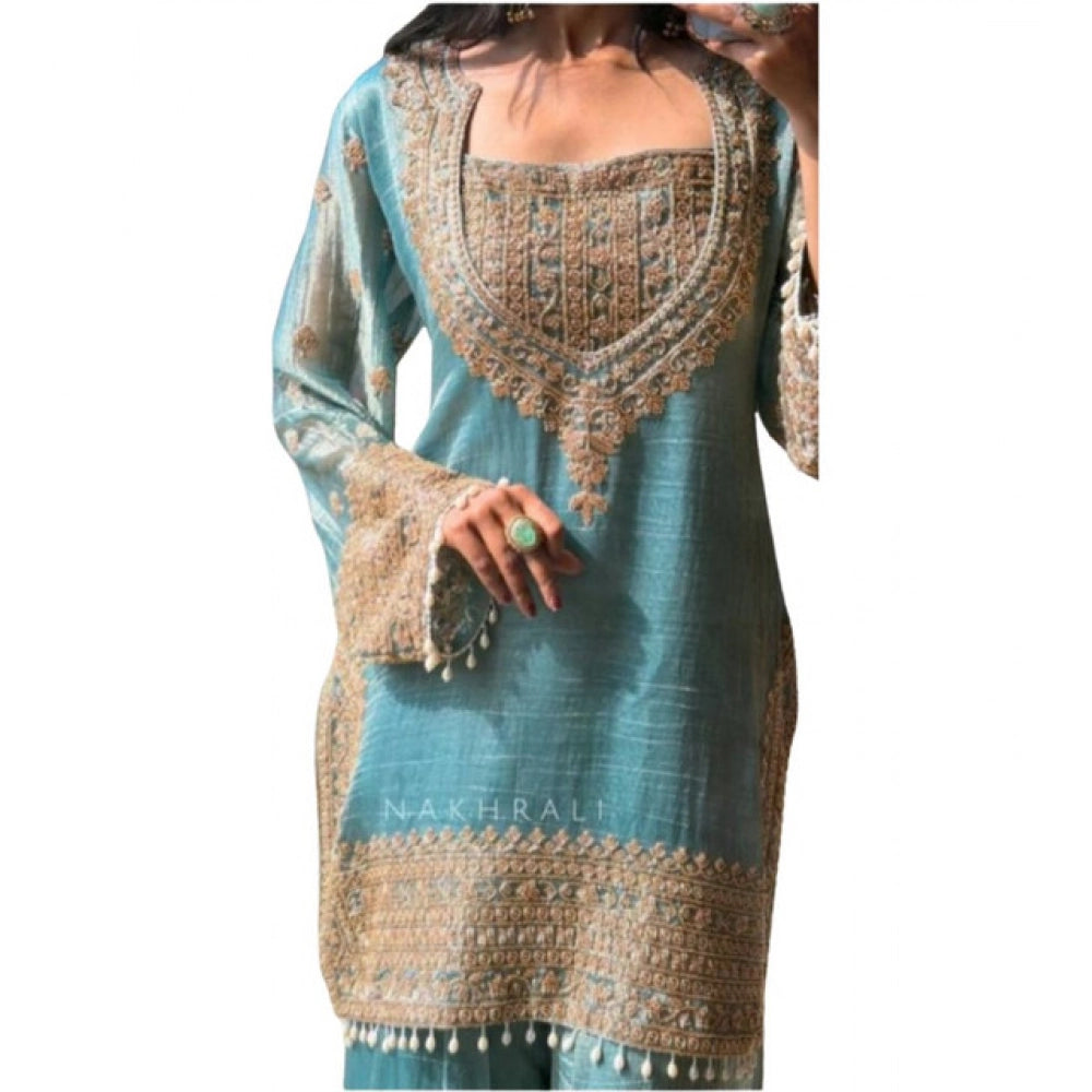 HD Women's Silk Embroidered 3/4th Sleeve Round Kurti With Sharara Pant and Dupatta Set (Sea Green)