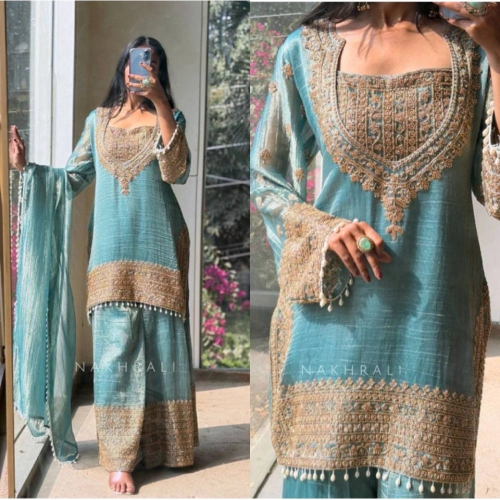 HD Women's Silk Embroidered 3/4th Sleeve Round Kurti With Sharara Pant and Dupatta Set (Sea Green)