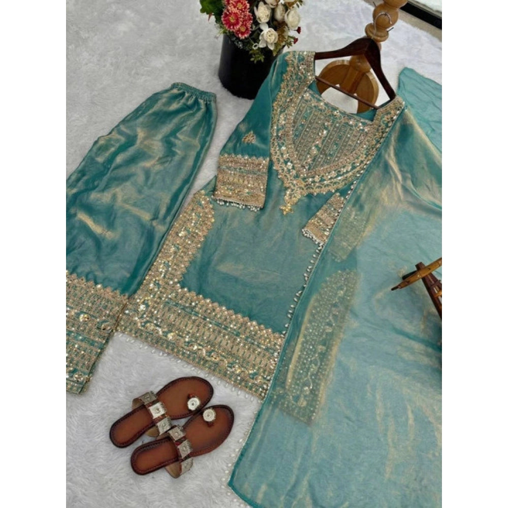 HD Women's Silk Embroidered 3/4th Sleeve Round Kurti With Sharara Pant and Dupatta Set (Sea Green)