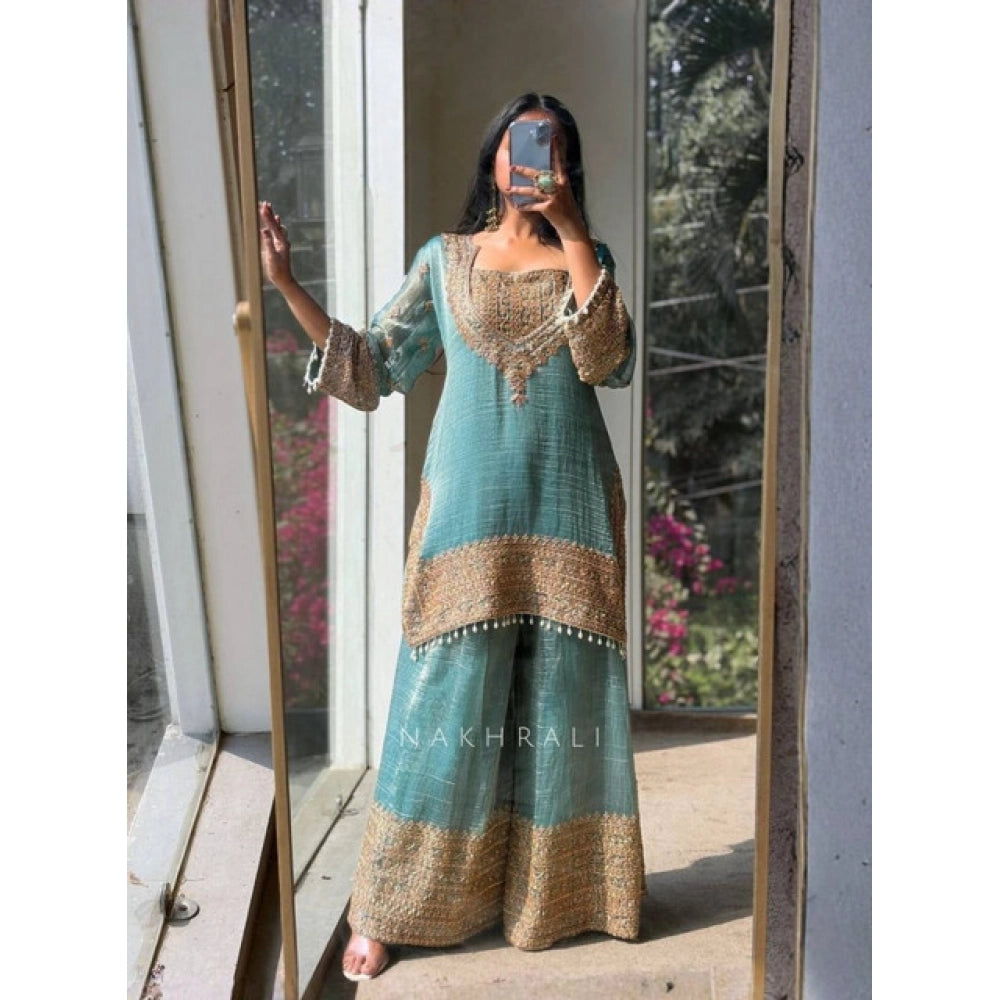 HD Women's Silk Embroidered 3/4th Sleeve Round Kurti With Sharara Pant and Dupatta Set (Sea Green)