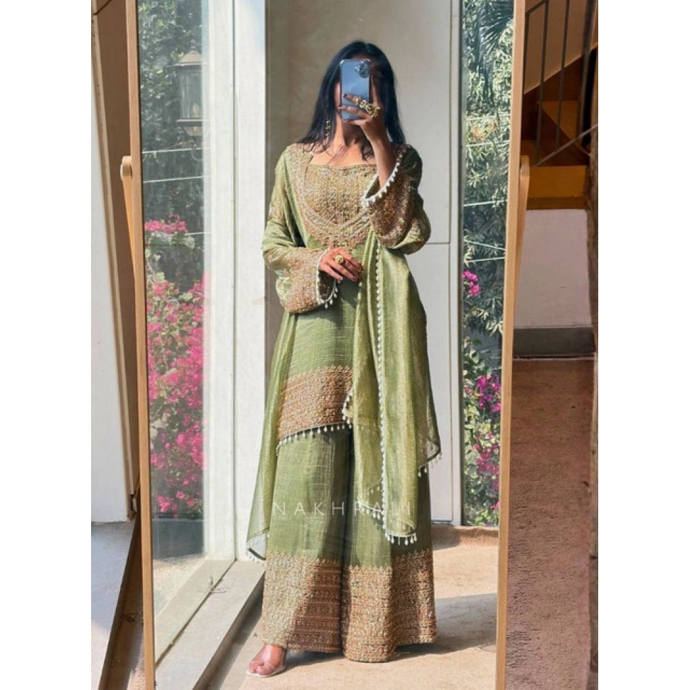 HD Women's Silk Embroidered 3/4th Sleeve Round Kurti With Sharara Pant and Dupatta Set (Green)