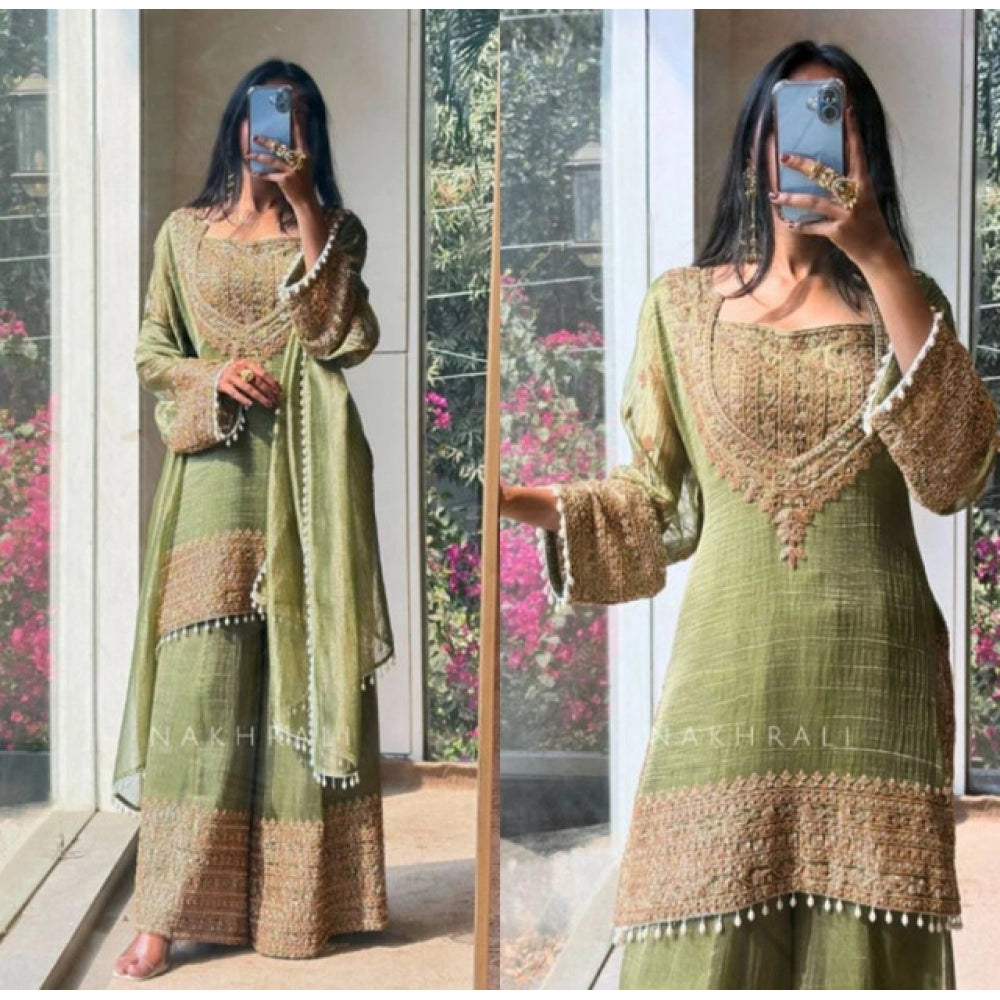 HD Women's Silk Embroidered 3/4th Sleeve Round Kurti With Sharara Pant and Dupatta Set (Green)