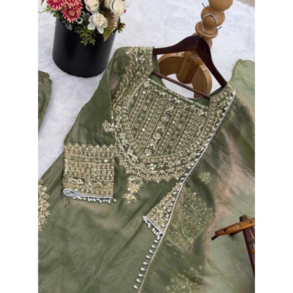 HD Women's Silk Embroidered 3/4th Sleeve Round Kurti With Sharara Pant and Dupatta Set (Green)