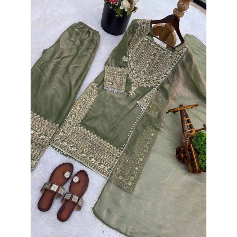 HD Women's Silk Embroidered 3/4th Sleeve Round Kurti With Sharara Pant and Dupatta Set (Green)