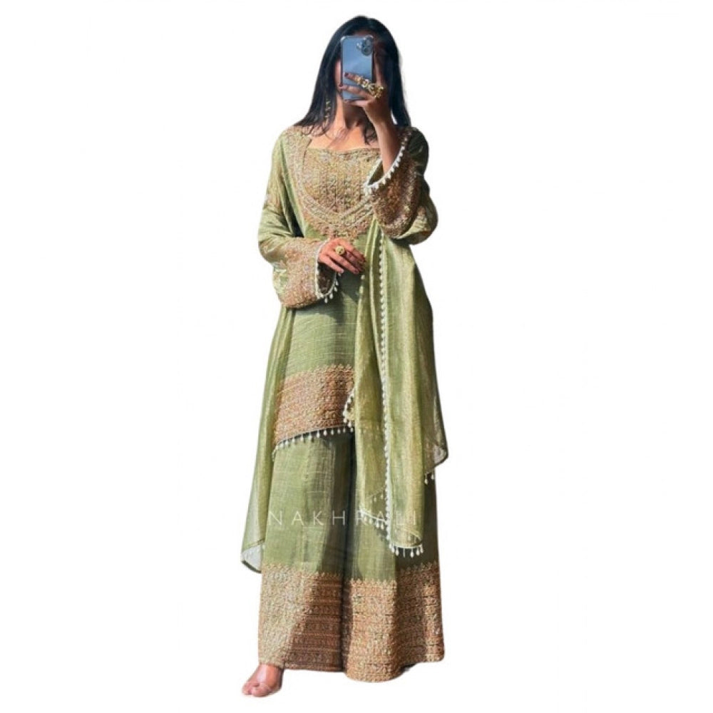 HD Women's Silk Embroidered 3/4th Sleeve Round Kurti With Sharara Pant and Dupatta Set (Green)
