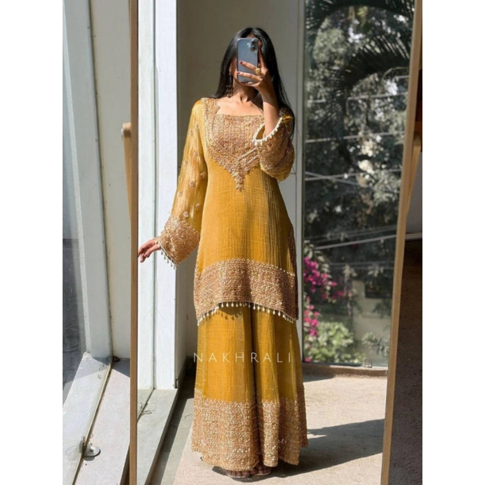 HD Women's Silk Embroidered 3/4th Sleeve Round Kurti With Sharara Pant and Dupatta Set (Yellow)