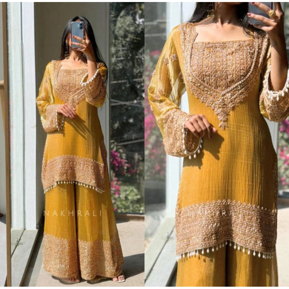 HD Women's Silk Embroidered 3/4th Sleeve Round Kurti With Sharara Pant and Dupatta Set (Yellow)