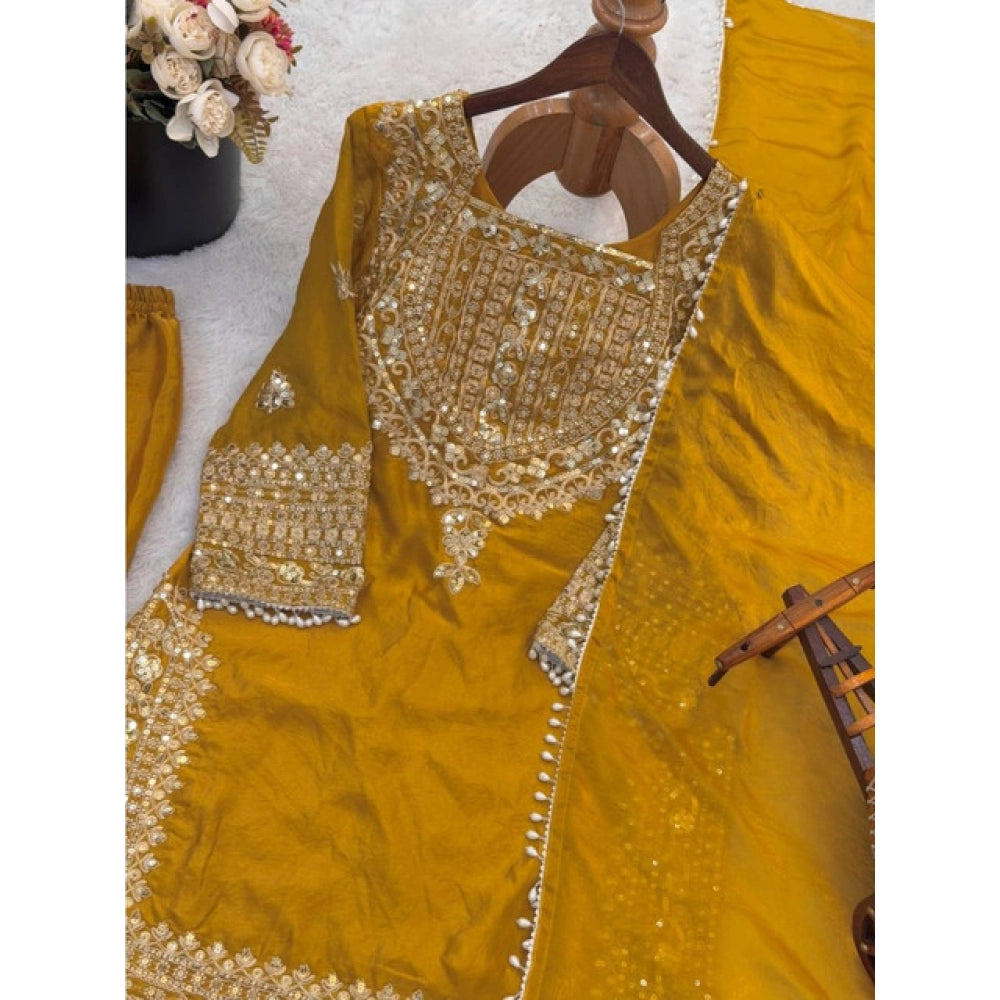 HD Women's Silk Embroidered 3/4th Sleeve Round Kurti With Sharara Pant and Dupatta Set (Yellow)
