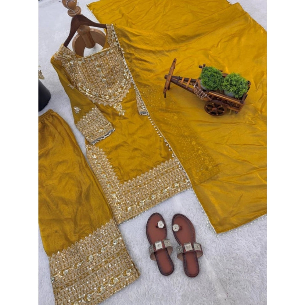 HD Women's Silk Embroidered 3/4th Sleeve Round Kurti With Sharara Pant and Dupatta Set (Yellow)