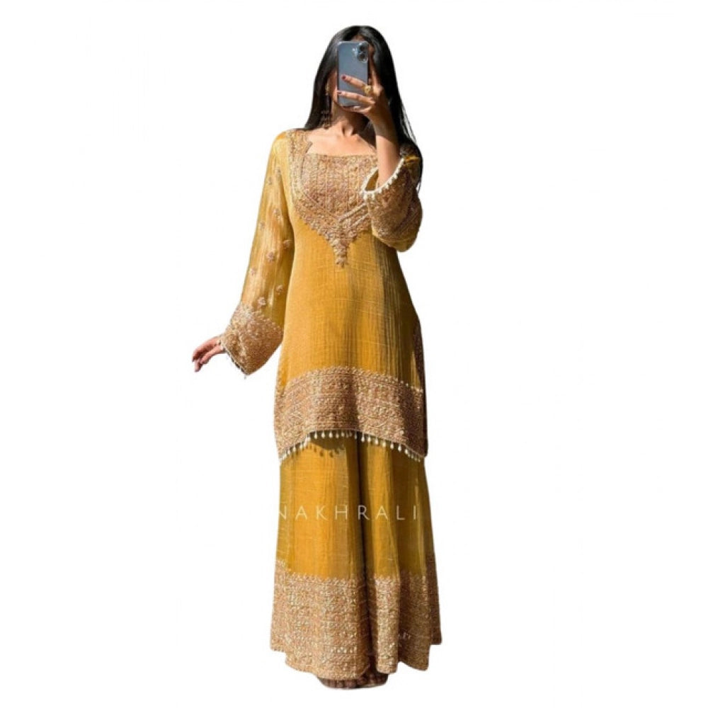 HD Women's Silk Embroidered 3/4th Sleeve Round Kurti With Sharara Pant and Dupatta Set (Yellow)