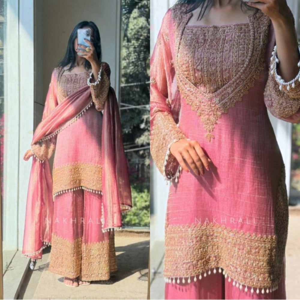 HD Women's Silk Embroidered 3/4th Sleeve Round Kurti With Sharara Pant and Dupatta Set (Pink)