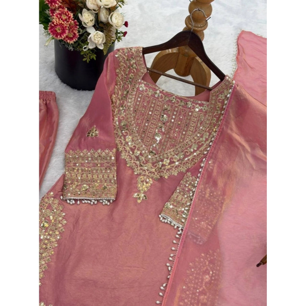 HD Women's Silk Embroidered 3/4th Sleeve Round Kurti With Sharara Pant and Dupatta Set (Pink)
