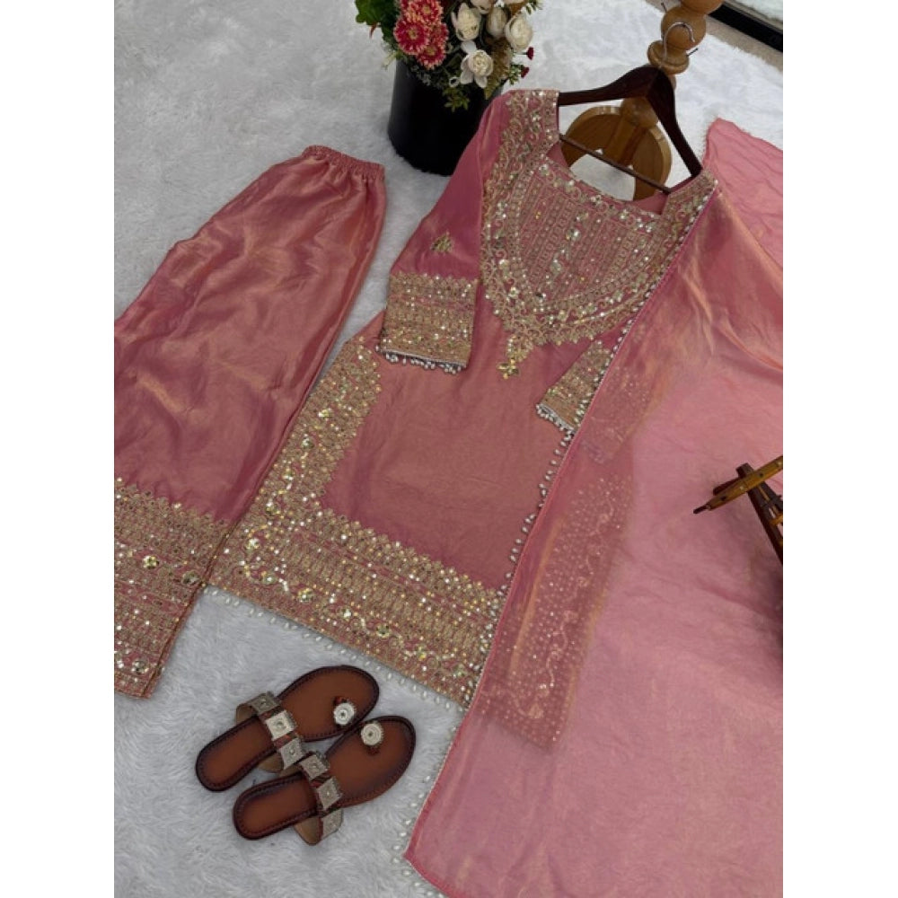 HD Women's Silk Embroidered 3/4th Sleeve Round Kurti With Sharara Pant and Dupatta Set (Pink)