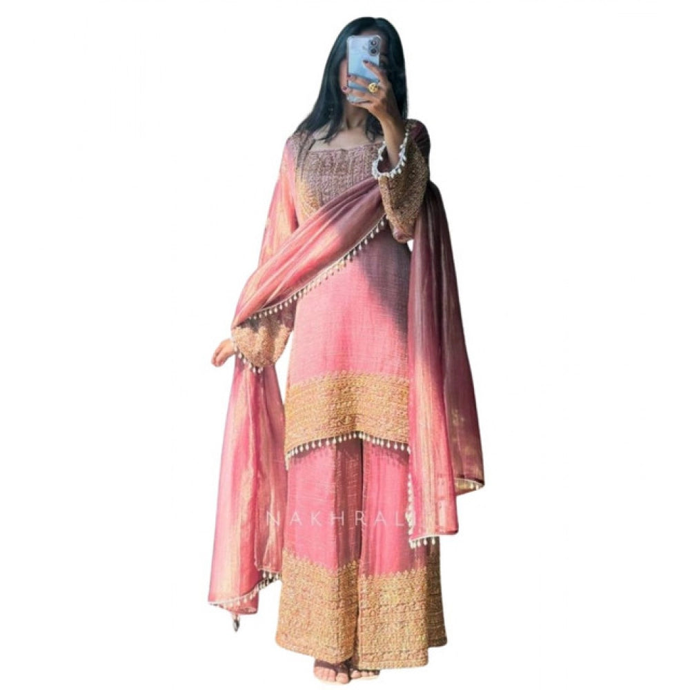 HD Women's Silk Embroidered 3/4th Sleeve Round Kurti With Sharara Pant and Dupatta Set (Pink)