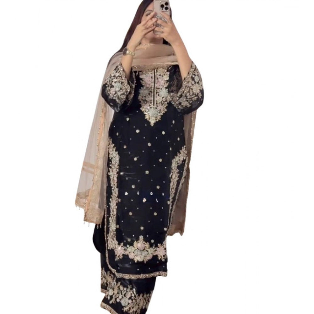 HD Women's Silk Embroidered 3/4th Sleeve Round Readymade Kurti With Palazzo Pant and Dupatta Set (Black)