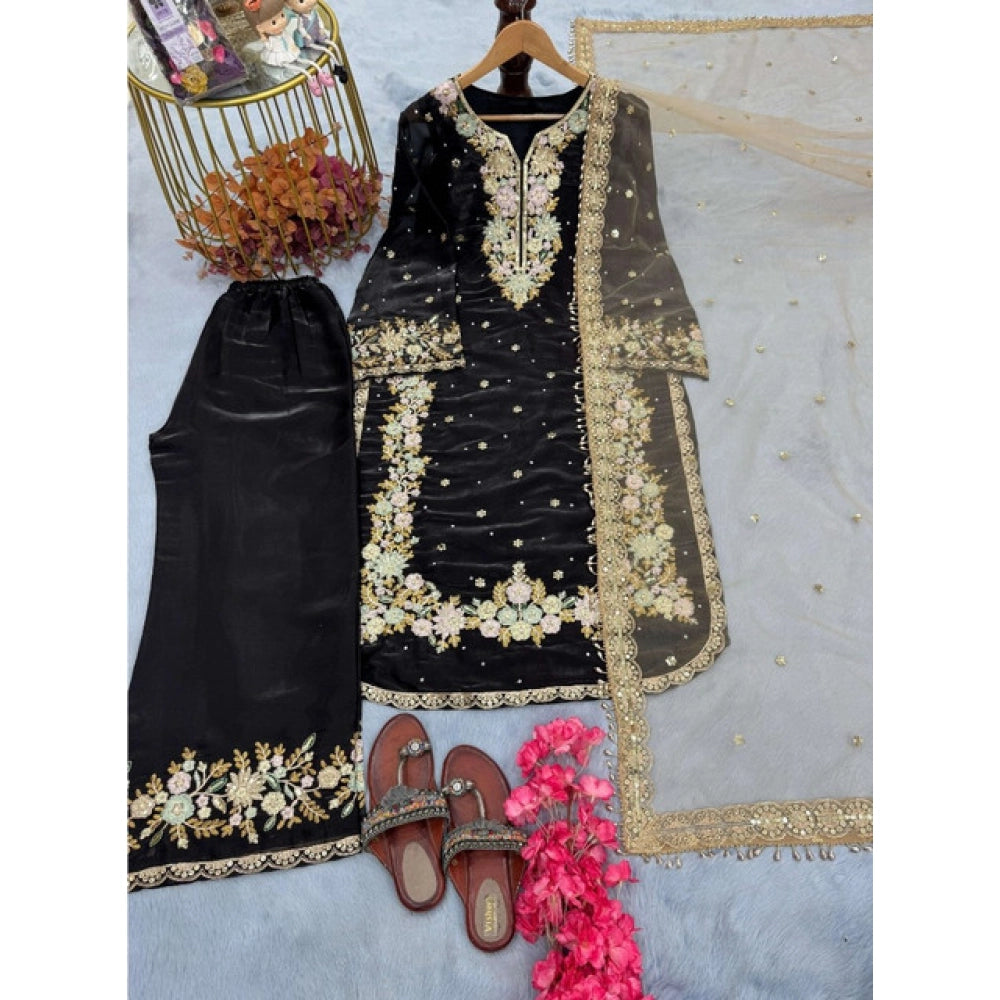 HD Women's Silk Embroidered 3/4th Sleeve Round Readymade Kurti With Palazzo Pant and Dupatta Set (Black)