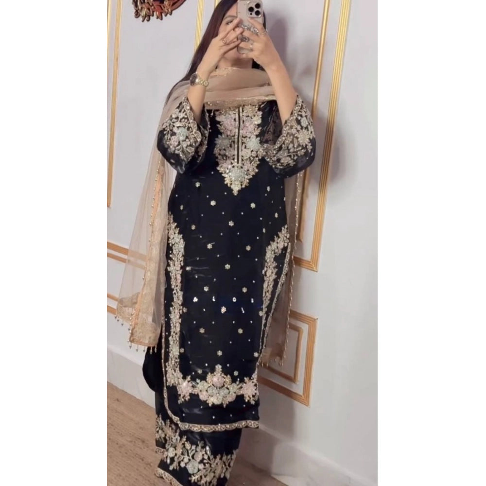 HD Women's Silk Embroidered 3/4th Sleeve Round Readymade Kurti With Palazzo Pant and Dupatta Set (Black)