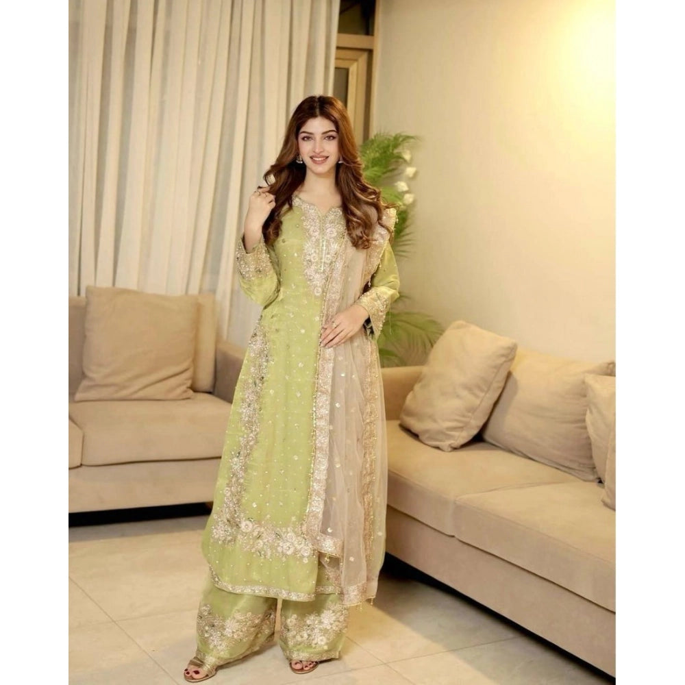 HD Women's Silk Embroidered 3/4th Sleeve Round Readymade Kurti With Palazzo Pant and Dupatta Set (Pista)