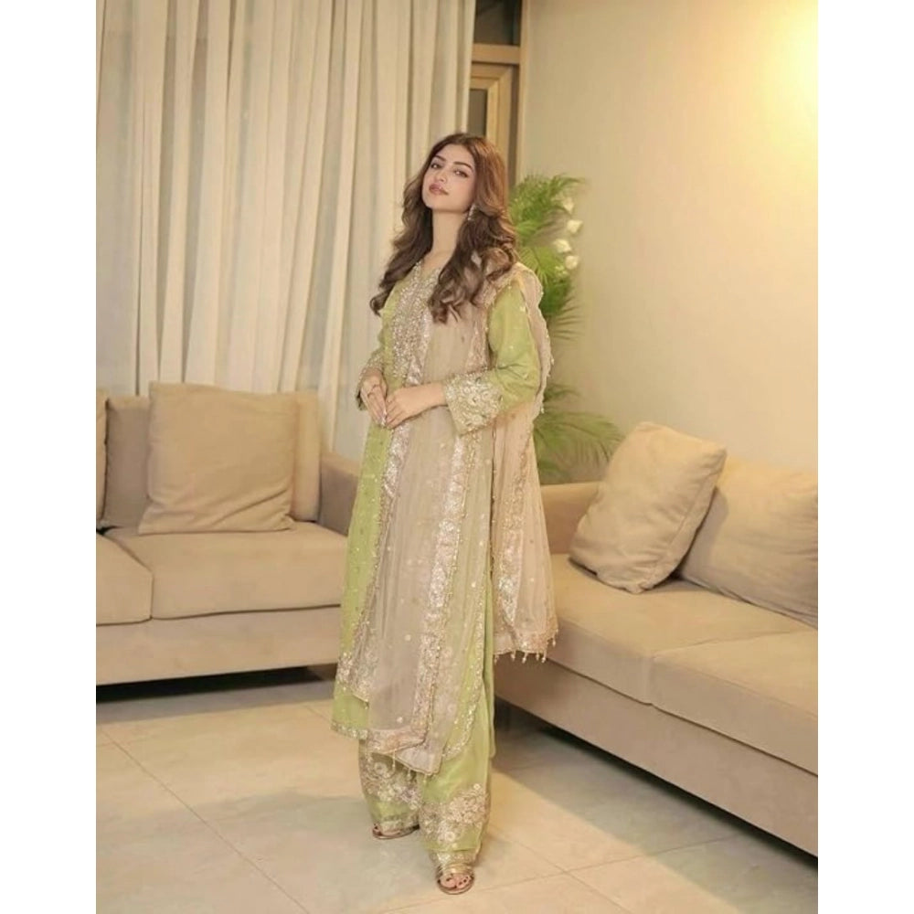 HD Women's Silk Embroidered 3/4th Sleeve Round Readymade Kurti With Palazzo Pant and Dupatta Set (Pista)