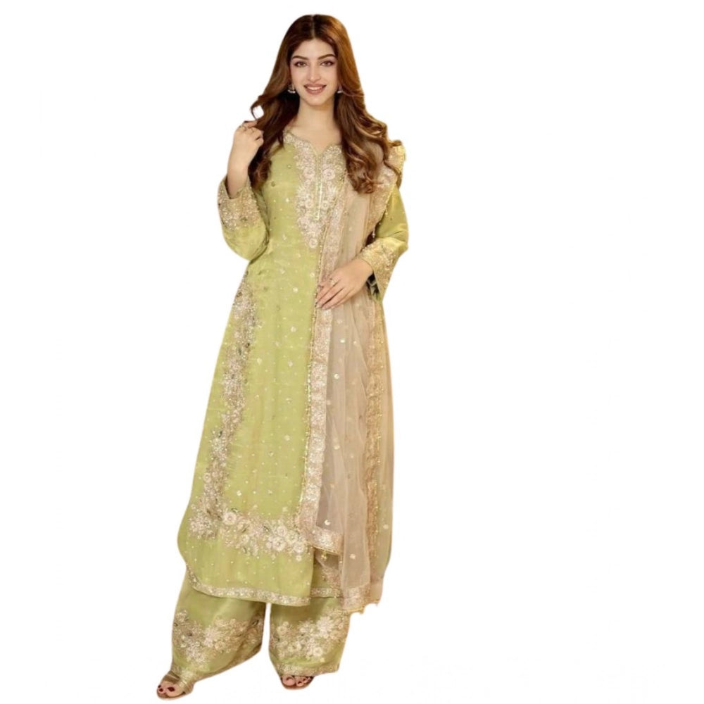 HD Women's Silk Embroidered 3/4th Sleeve Round Readymade Kurti With Palazzo Pant and Dupatta Set (Pista)