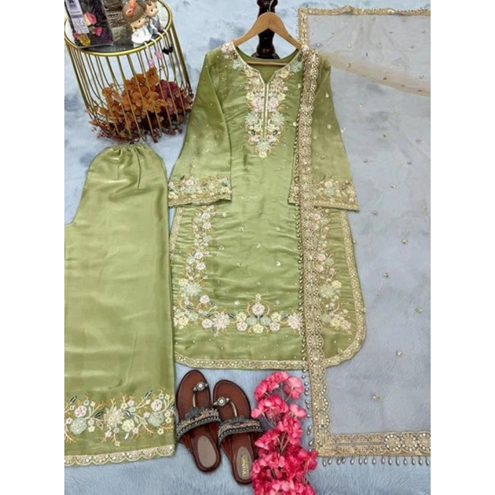 HD Women's Silk Embroidered 3/4th Sleeve Round Readymade Kurti With Palazzo Pant and Dupatta Set (Pista)