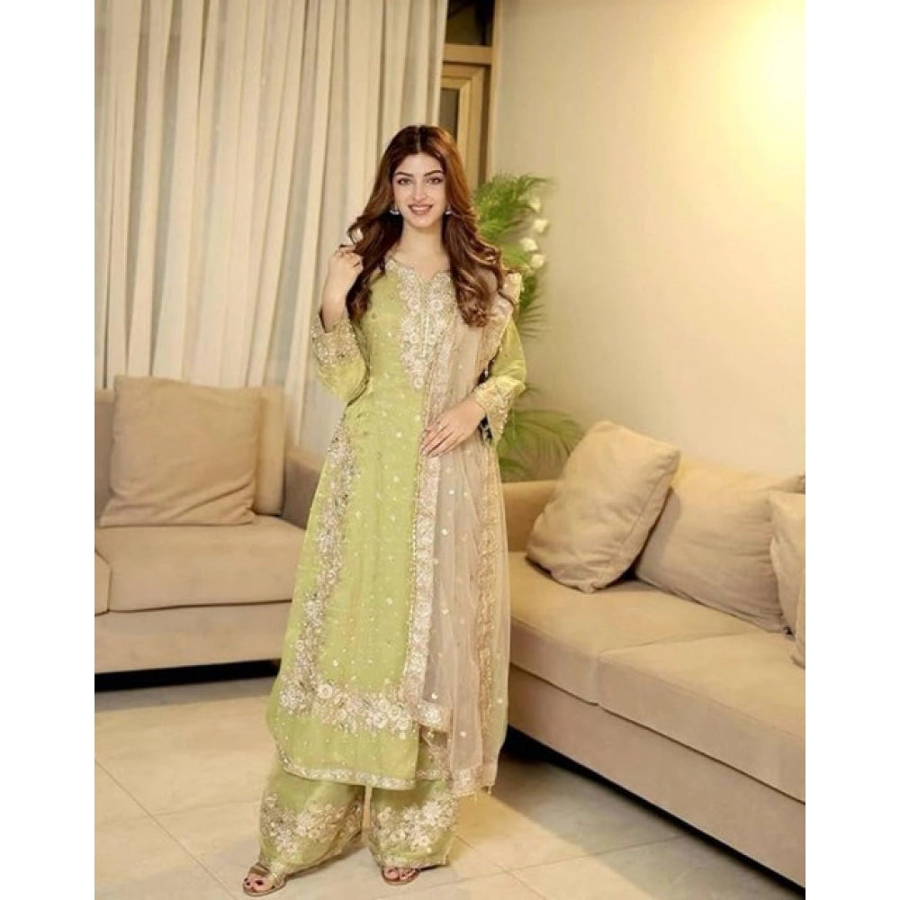 HD Women's Silk Embroidered 3/4th Sleeve Round Readymade Kurti With Palazzo Pant and Dupatta Set (Pista)