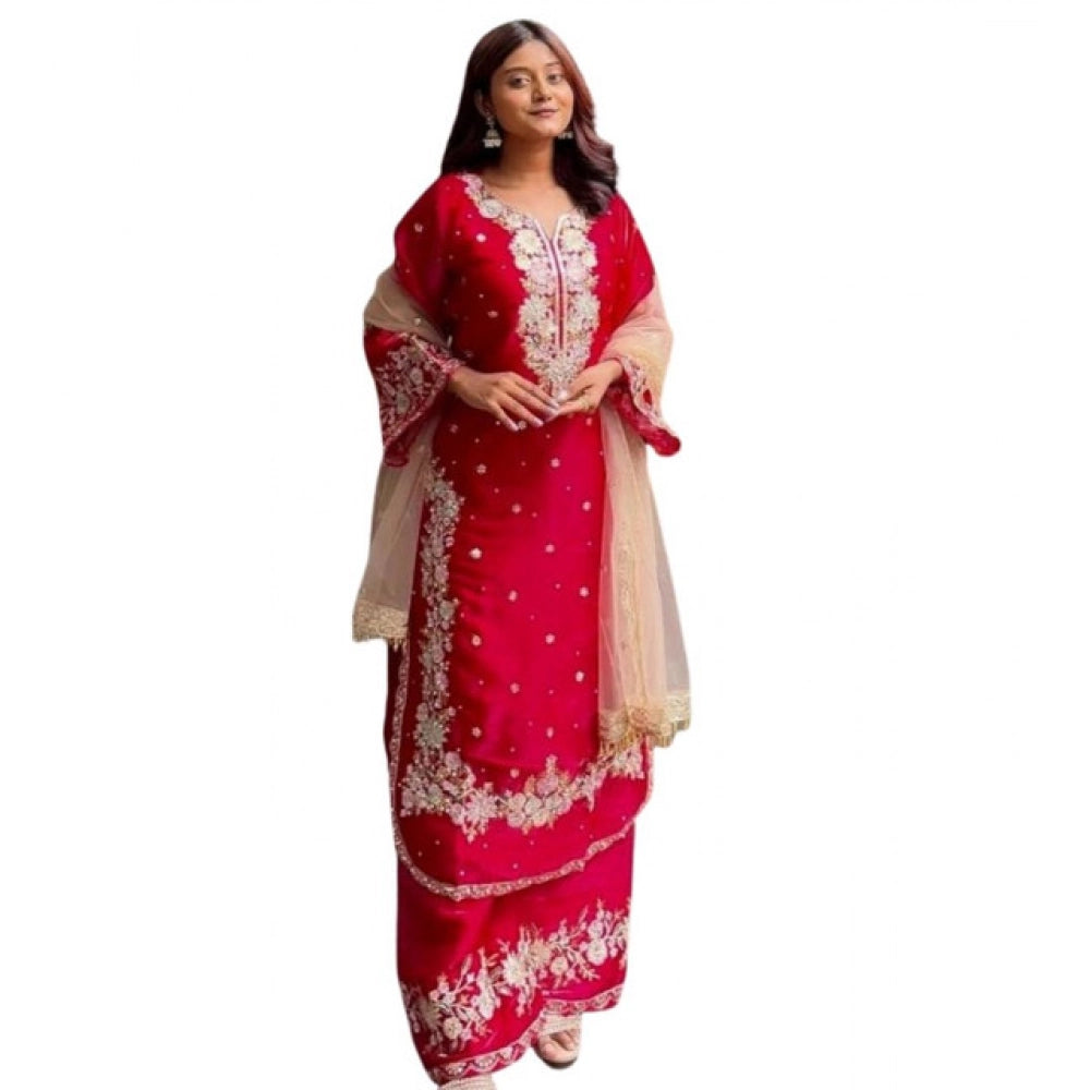 HD Women's Silk Embroidered 3/4th Sleeve Round Readymade Kurti With Palazzo Pant and Dupatta Set (Red)