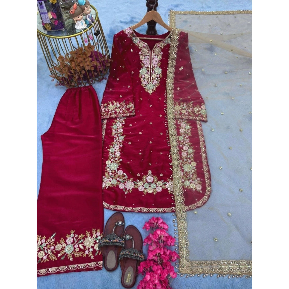 HD Women's Silk Embroidered 3/4th Sleeve Round Readymade Kurti With Palazzo Pant and Dupatta Set (Red)