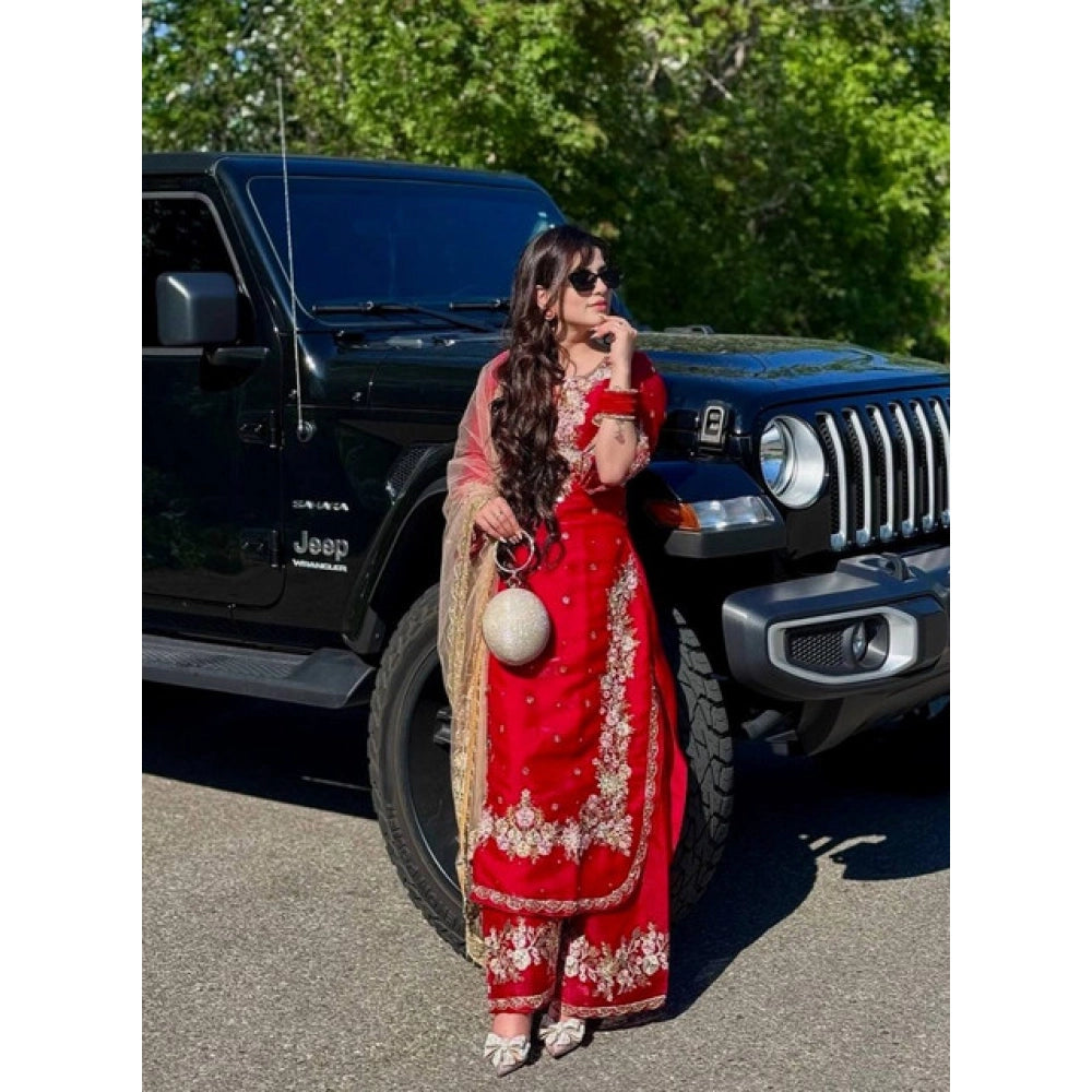 HD Women's Silk Embroidered 3/4th Sleeve Round Readymade Kurti With Palazzo Pant and Dupatta Set (Red)