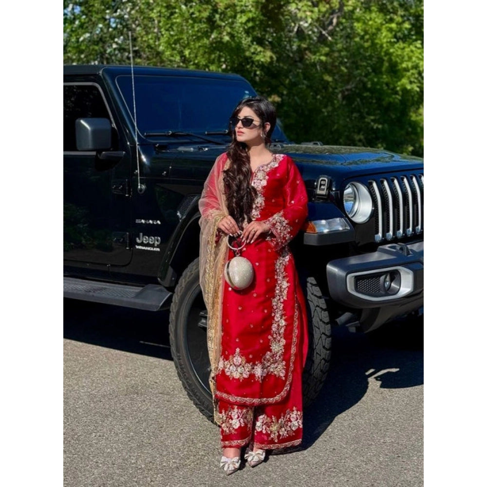 HD Women's Silk Embroidered 3/4th Sleeve Round Readymade Kurti With Palazzo Pant and Dupatta Set (Red)