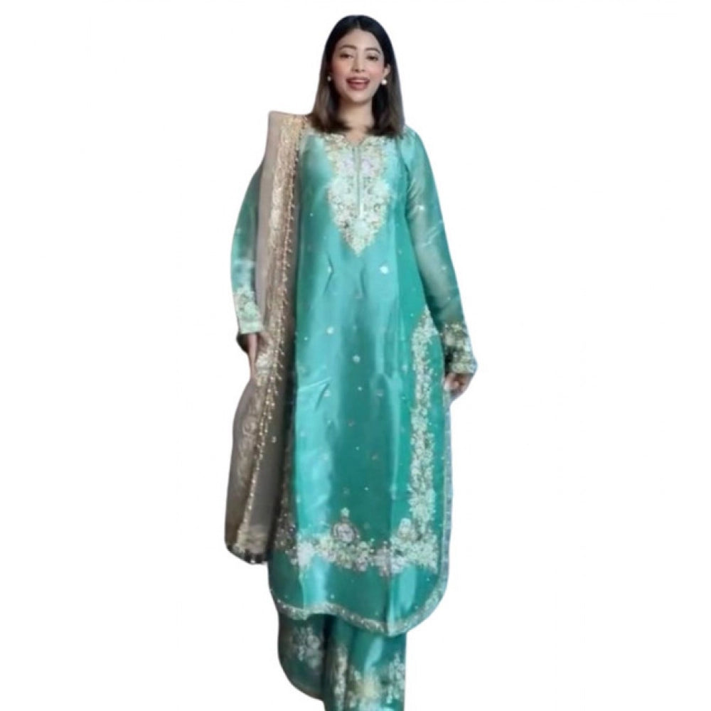 HD Women's Silk Embroidered 3/4th Sleeve Round Readymade Kurti With Palazzo Pant and Dupatta Set (Sea Green)