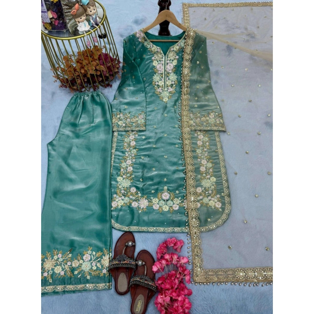 HD Women's Silk Embroidered 3/4th Sleeve Round Readymade Kurti With Palazzo Pant and Dupatta Set (Sea Green)