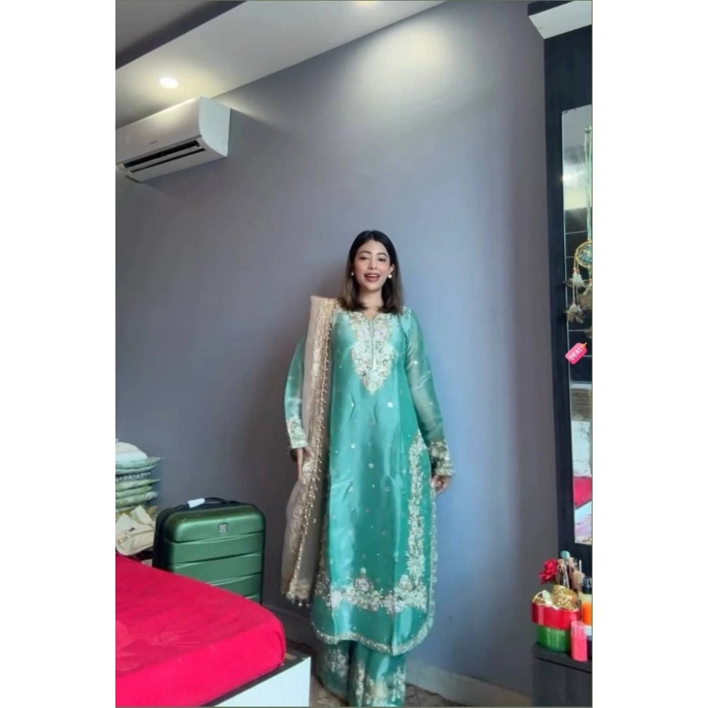 HD Women's Silk Embroidered 3/4th Sleeve Round Readymade Kurti With Palazzo Pant and Dupatta Set (Sea Green)