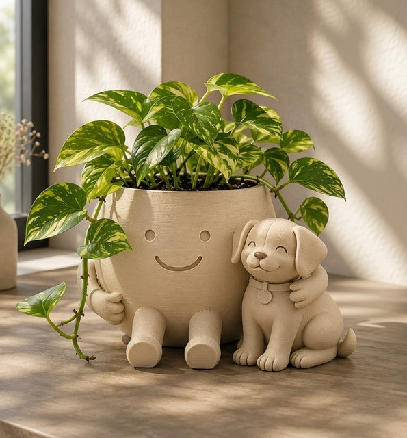 Plastic Cute Little Flower Pot With its Dog (Only Planter) (Beige)