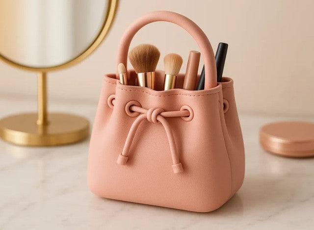 Plastic Sculptural Drawstring Makeup Brush Organizer (Pastel pink)