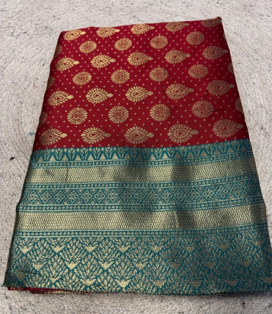 Women's Jacquard Printed Saree With Unstitched Blouse - 5.5 Mtr (Maroon-Teal)